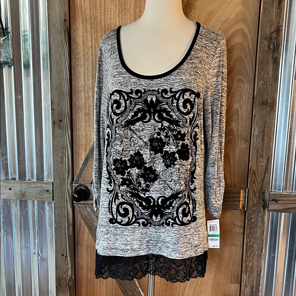 NEW Style & Co. Black and Gray Long Sleeve Top L